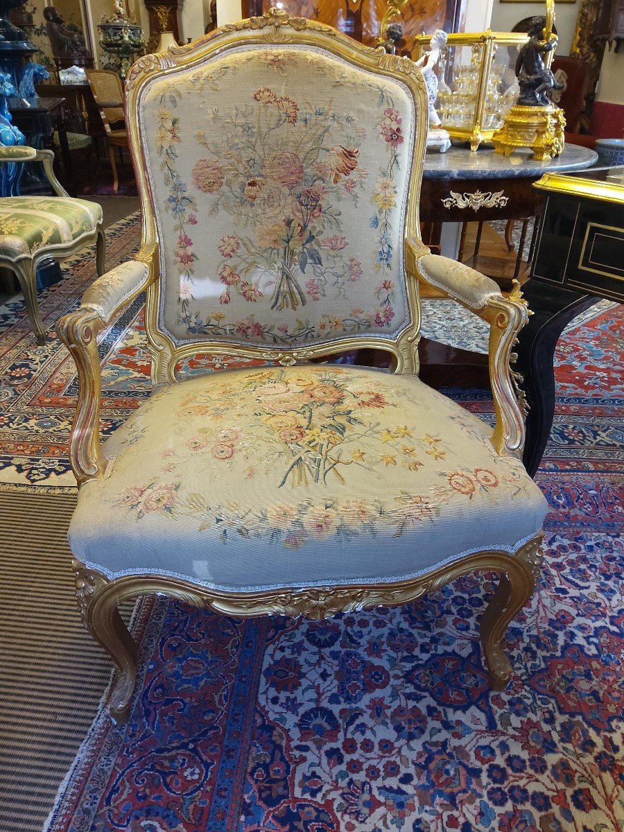 Fauteuil En Bois Doré De Style Louis XV Tapisserie Fine D Aubusson époque N III-photo-2